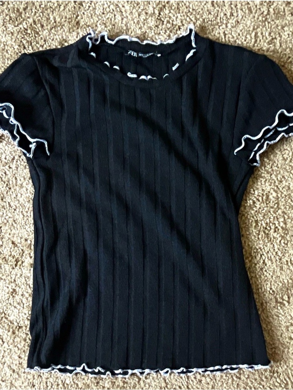 Zara Black Short-Sleeve Ribbed Top with White Lettuce-Edge Trim
